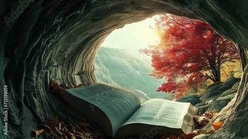 Open Book Resting Inside Dark Cave, Illuminated by Natural Light Beauty Nature Background 