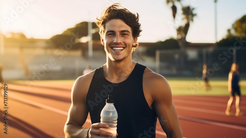 Handsome young man standing on an orange athletics field running tracks, smiling and looking at the camera. Holding a bottle of water in hand, athlete hydration concept, thirsty fit male photo