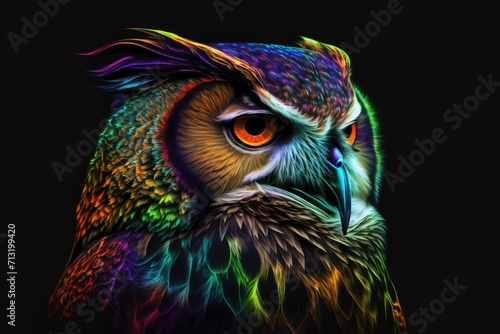 portrait of owl in neon colors on a dark background