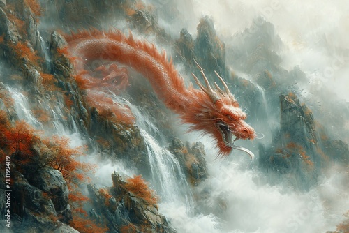 The dragon sits on the foggy mountains.