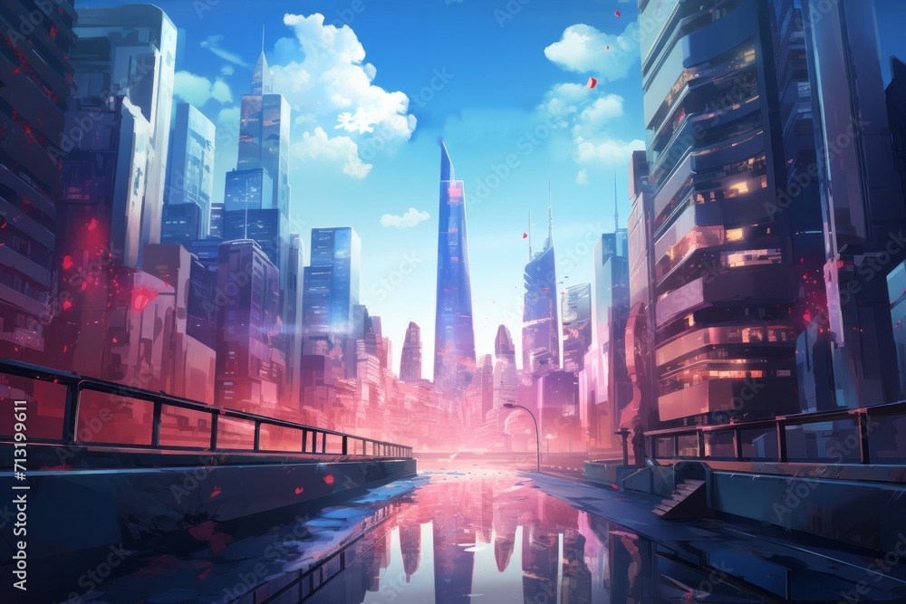 Dive into the animated hustle and bustle of an urban city with a background featuring dynamic skyscrapers, animated traffic, Generative AI