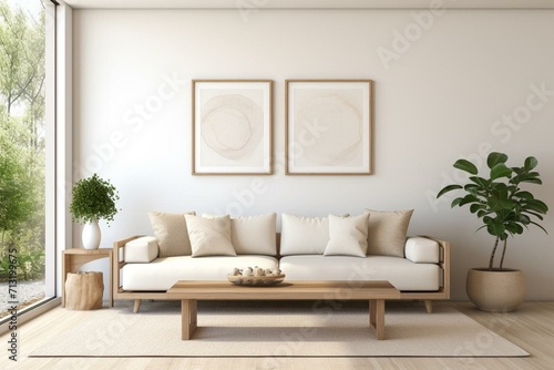 A contemporary living space with a frame, sofa, table, and decorations. Home staging showcasing creativity. White wall with space for customization. Generative AI