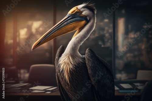 portrait of pelican in a dark business suit with a gold tie on a blurred background of an office