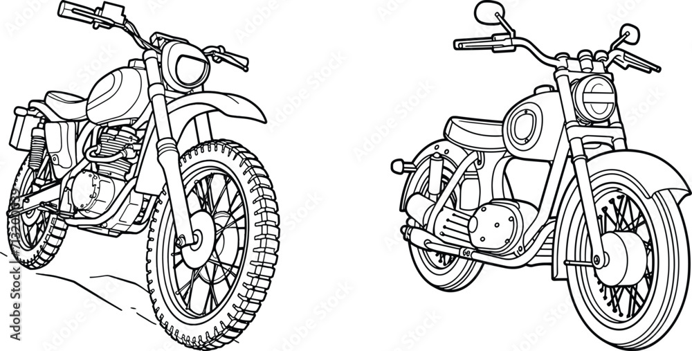 Motorbike vector illustration coloring page black and white motorcycle coloring page set