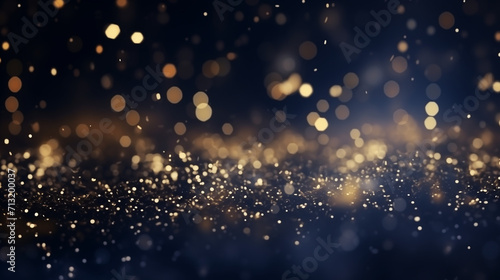 New year, Christmas background with gold stars and sparkling. Abstract background with Dark blue and gold particle. Christmas Golden light shine particles bokeh on navy background. Gold foil texture