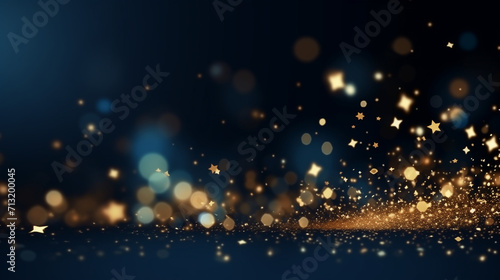 New year  Christmas background with gold stars and sparkling. Abstract background with Dark blue and gold particle. Christmas Golden light shine particles bokeh on navy background. Gold foil texture