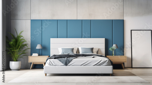 Chic bedroom with blue accent wall and modern furnishings. Design sophistication. Generative AI
