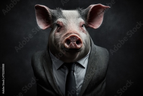 portrait of pig in a full-length business suit on a dark background