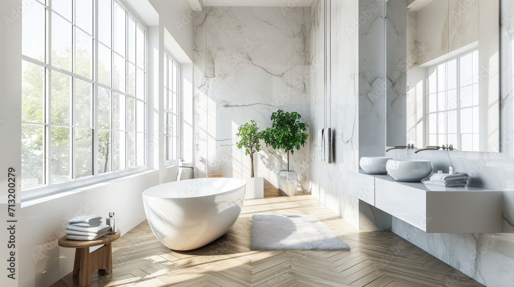 Bright bathroom with large windows, marble walls, and herringbone wood floor. Airy and natural light-filled. Generative AI Bright bathroom with large windows, marble walls, and herringbone wood floor. Airy and natural light-filled. Generative AI