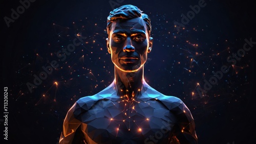 Futuristic polygonal 3d man made of glowing yellow linear polygons on dark blue background. Abstract illustration for online business, it, network, support, healthy, medicine, services app concept. © Анастасия Комарова