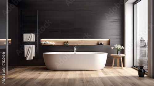 Sleek bathroom with dark wood accents and cityscape views. Urban sophistication concept. Generative AI