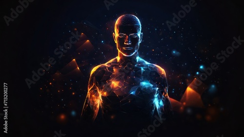 Futuristic polygonal 3d man made of glowing yellow linear polygons on dark blue background. Abstract illustration for online business, it, network, support, healthy, medicine, services app concept.