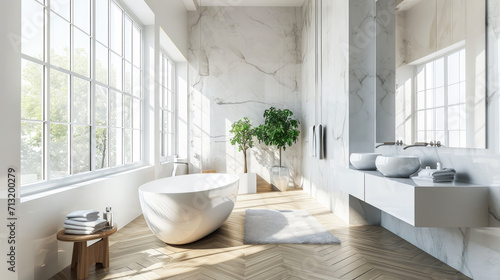 Bright bathroom with large windows, marble walls, and herringbone wood floor. Airy and natural light-filled. Generative AI