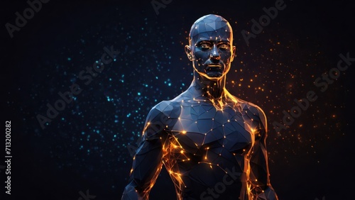 Futuristic polygonal 3d man made of glowing yellow linear polygons on dark blue background. Abstract illustration for online business, it, network, support, healthy, medicine, services app concept.