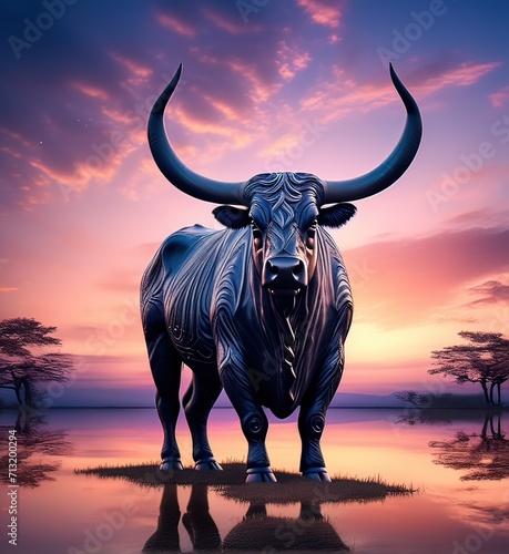 Mystical Ox with Ornate Designs Amidst a Serene Forest at Sunset - Digital Art Illustration