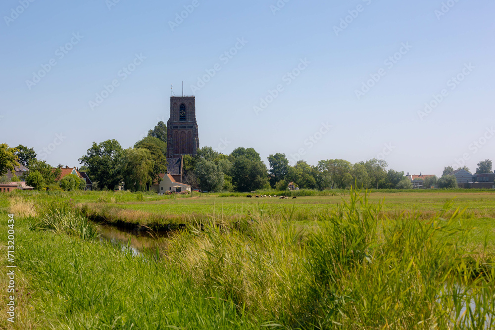 Summer countryside landscape, Typical Dutch polder and green grass meadow, The church tower (Kerk van Ransdorp) A small village in the province of North Holland, Netherlands, Municipality of Amsterdam