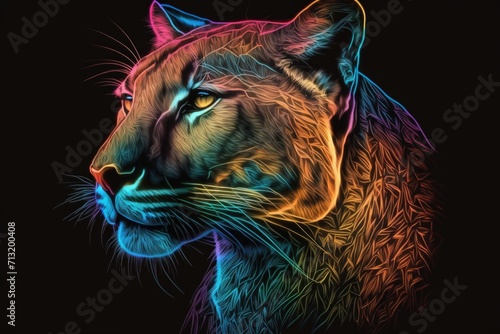 portrait of puma in neon colors on a dark background
