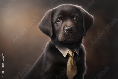 portrait of puppy in a dark business suit with a gold tie on a blurred background of an office © Natalia