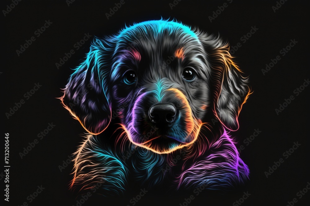 portrait of puppy in neon colors on a dark background