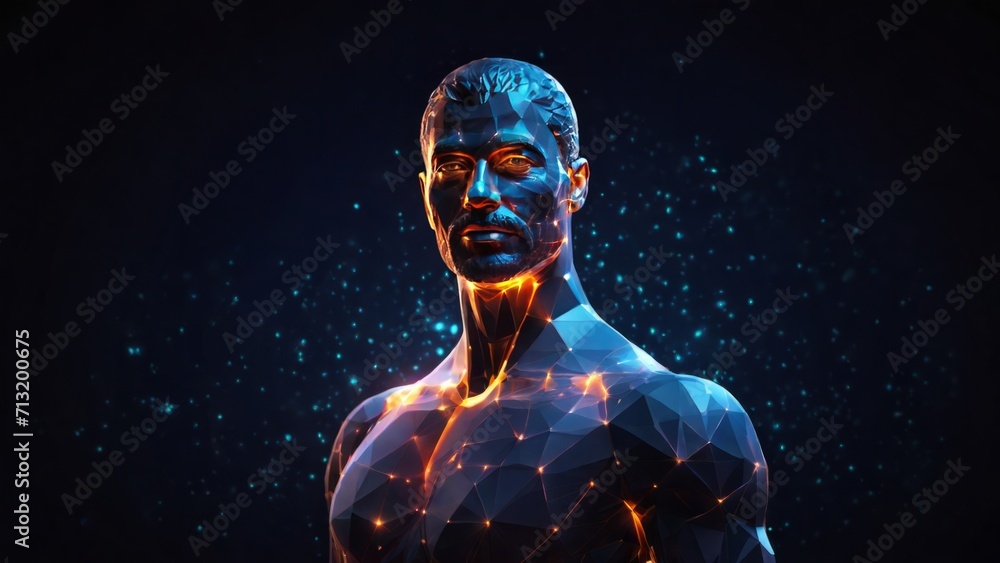 Futuristic polygonal 3d man made of glowing yellow linear polygons on dark blue background. Abstract illustration for online business, it, network, support, healthy, medicine, services app concept.