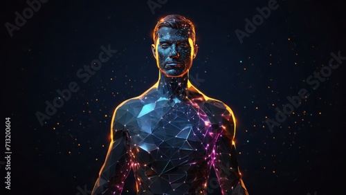 Futuristic polygonal 3d man made of glowing yellow linear polygons on dark blue background. Abstract illustration for online business, it, network, support, healthy, medicine, services app concept. © Анастасия Комарова