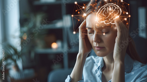 Young woman with headache at home with highlighted brain, stressed depression migraine concept photo