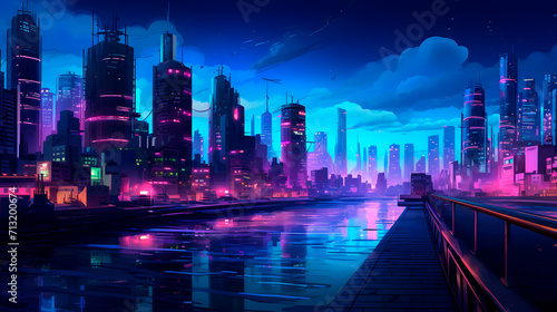 blue and pupple neon light city background
