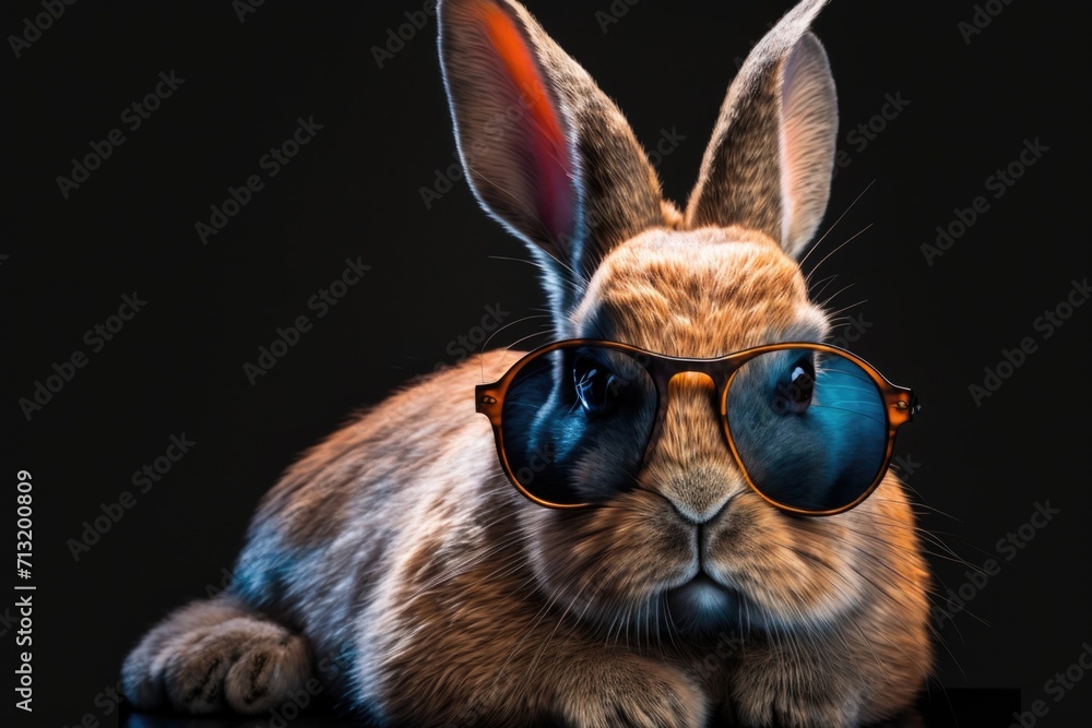 portrait of rabbit with sunglasses on a dark background