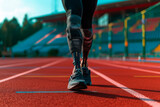 Female with a prosthetic legs standing on running track at the stadium.