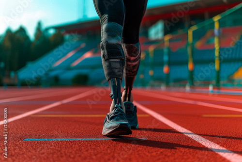 Female with a prosthetic legs standing on running track at the stadium.