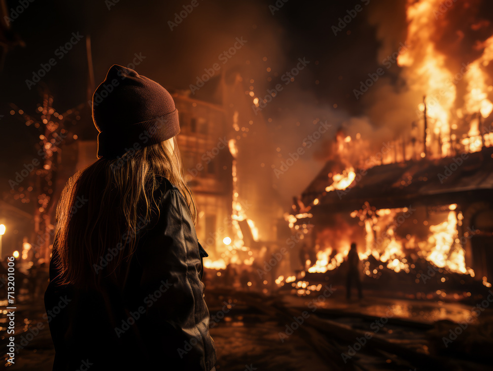 A girl observing a large urban fire at night, dramatic scene, disaster concept. Generative AI A girl observing a large urban fire at night, dramatic scene, disaster concept. Generative AI
