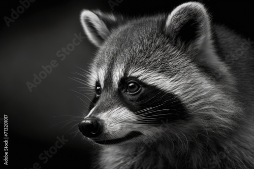 portrait of raccoon close-up on a monochrome background