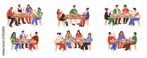 Family dinner in cafe. Group of cartoon people eats breakfast meal. Office men and women have lunch together. Delicious cake or pizza. Holiday food. Parents with kids. Dining tables vector tidy set