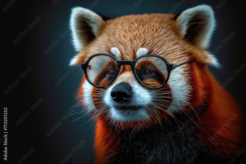portrait of red panda with sunglasses on a dark background portrait of red panda with sunglasses on a dark background