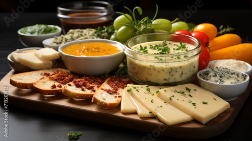 various types of cheese in wooden box on white wooden table, top view