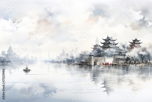 Hangzhou West Lake scenery, China. Watercolor painting.