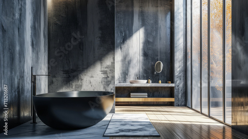 Elegant bathroom with herringbone wood floor and contrasting dark walls, lit by autumn sunlight through large windows. Generative AI