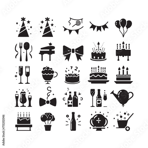 Spirited Soiree Unveiled: Set of Party Silhouette Infusing the Essence of Joyful Revelry - Celebration Vector - Party Elements Illustration
