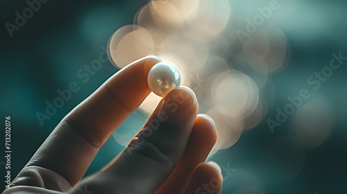 a man holds a white pearl with two fingers and evaluates it against a background with glints of light 