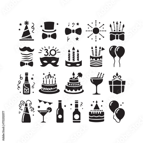 Dynamic Revelry Showcased: Set of Party Silhouette Evoking the Spirited Atmosphere of Celebration - Party Elements Vector - Celebration Silhouette
