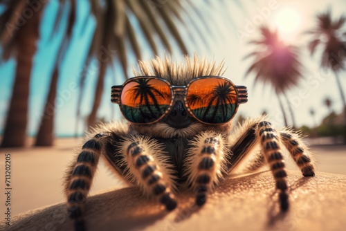 portrait of tarantula in sunglasses on a blurred background of palm trees and the beach