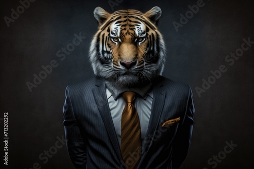 portrait of tiger in a full-length business suit on a dark background