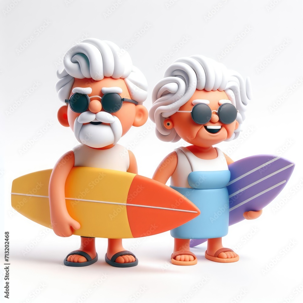 Grandparents with Surfboards. 3D Cartoon Clay Illustration on a light background.