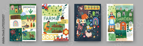 Eco agriculture. Farm and garden cards. Greenhouse harvest. Vegetable cultivation. Domestic animals. Spring gardening. Seedbeds and field scarecrow. Cartoon gardeners work. Vector tidy banners set photo