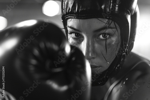 Close-up photo of a person wearing boxing gloves. Perfect for sports and fitness-related designs