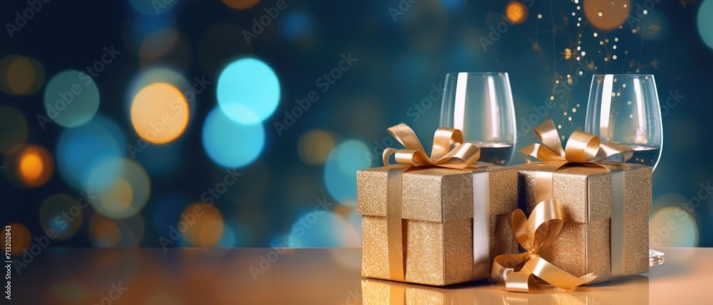 Two champagne glasses with a gift box on blue and gold glow particle abstract bokeh background Two champagne glasses with a gift box on blue and gold glow particle abstract bokeh background