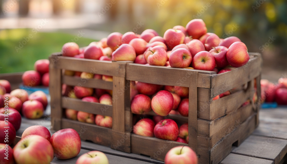 Wooden crate of red apples. Red fruits harvest on the Sunny background. Close up Wooden crate of red apples. Red fruits harvest on the Sunny background. Close up