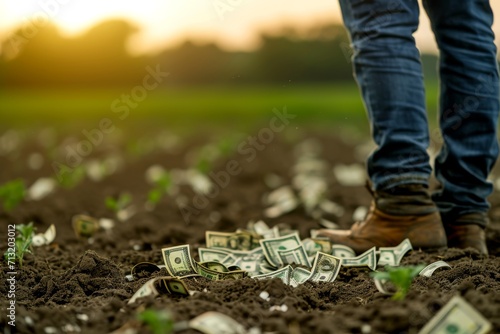 scene of a field at sunset with a person standing amidst scattered US dollar bills on the soil photo