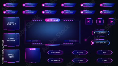 Stream twitch game icons. Buttons and overlay panel frame. Futuristic interface design. Live streaming. Neon user tag. Cyber glow modern name border. Streamers menu bar. Vector UI digital elements set photo