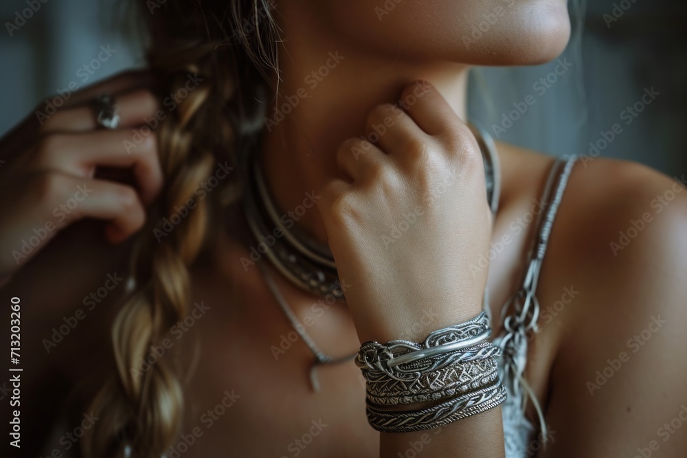 Volumetric massive multi-layered silver bracelets on a woman wrist